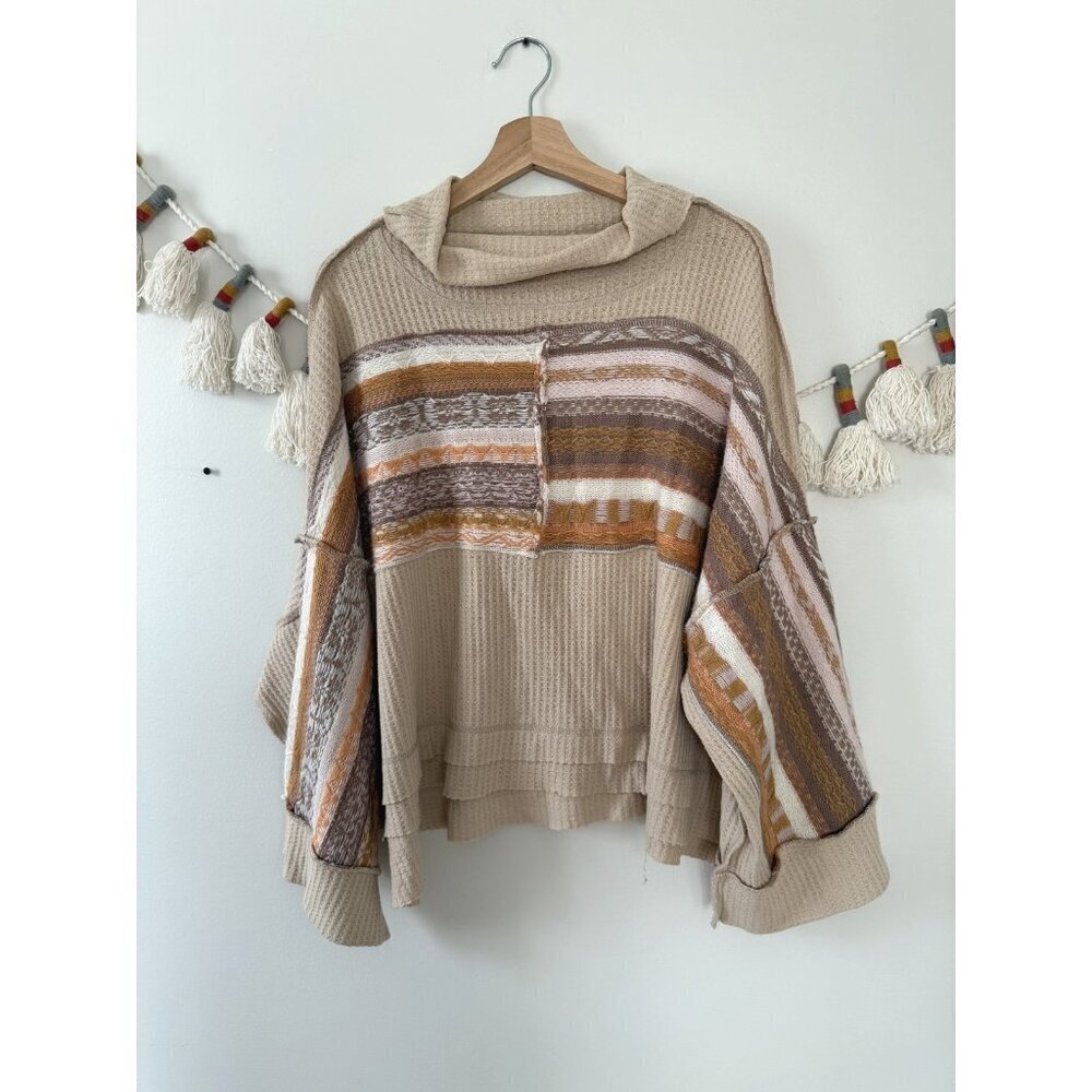 We The Free Leah Swit Cowl Neck Waffle Knit Oversized Top In Ecru Cream Boho XS